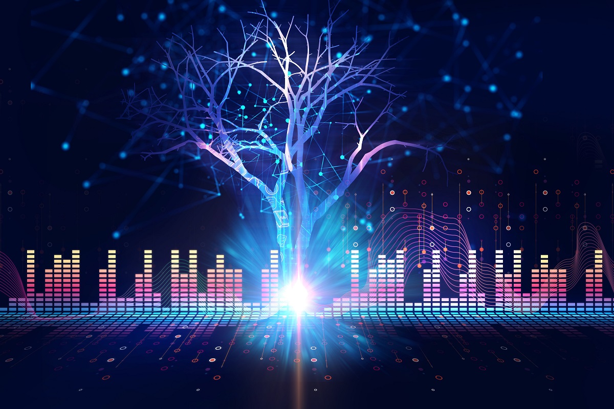 digital tree on technology background represent growth of modern age digital media