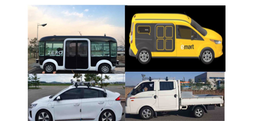 상단 좌측부터 시계방향으로 판교제로셔틀, 이마트 자율주행 배송차, 장거리 간선 물류운송, 제주공항-쏘카존셔틀 (사진=)