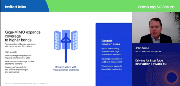 ◇퀄컴 존 스미 SVP가 ‘6G를 향한 무선 인터페이스 혁신’을 주제로 강연하고 있다.(사진: 삼성전자 유투브 캡처)