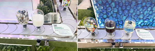 ▲ (좌) SK지오센트릭의 기술로 추출된 고순도 리사이클링 폴리플로필렌(오른쪽) / (우) SK지오센트릭의 열분해 기술로 추출된 열분해유(오른쪽)