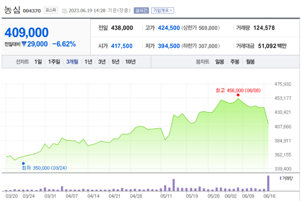 19일 오후 2시28분 현재 농심 주가 차트. 농심 주가는 최근 미국 시장 확대 기대감에 승승장구해왔다.