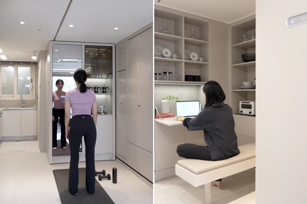 무빙 수납장을 주방 쪽으로 이동시키면 홈짐으로,거실 쪽으로 이동시키면 홈오피스로 공간을 활용할 수 있다. (사진. 현대건설)