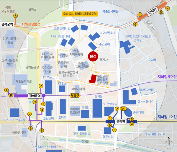 빨간색 표시가 광화문 G타워 위치다.