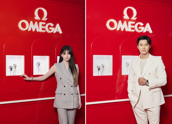 신세계百 강남점에서 진행되는 오메가 ‘2024 파리 올림픽 기념 팝업 이벤트’에 참석한 배우 한소희와 현빈 (사진제공. 오메가)