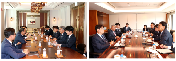 대우건설 정원주 회장과 임직원들이 베트남 MB Bank(왼쪽)와 소비코그룹과 베트남 내 다양한 분야에 대한 협력방안을 논의했다. (사진제공. 대우건설)