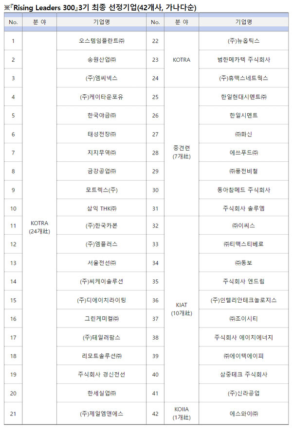 라이징 리더스 300 사업 3기 선정기업 명단 [출처: 우리은행]