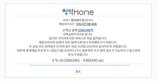 6시 현재 청약홈 홈페이지 접속 대기자 현황 
