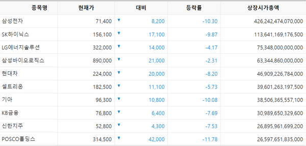 코스피 시가총액 10위 종목 [출처: KRX 정보데이터시스템]