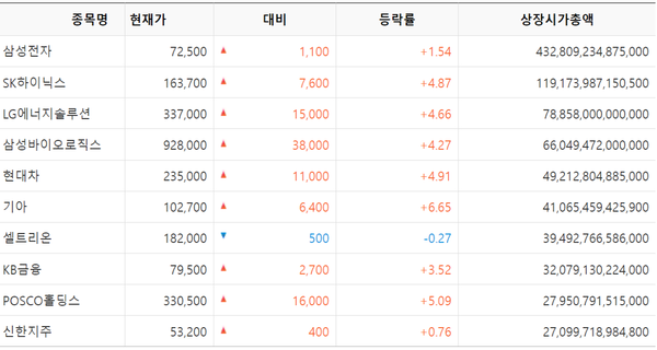 코스피 시총 10위 종목 [출처: KRX 정보데이터시스템]