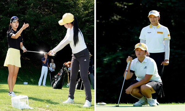 이예원 선수(왼쪽 사진 왼쪽)와 박예지 선수(오른쪽 사진 오른쪽)가 유소년 선수들과 필드 레슨을 했다. [출처: KB금융그룹]