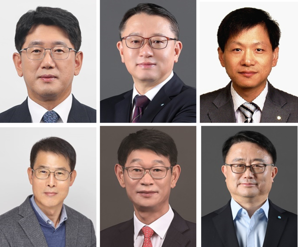 윗줄 왼쪽부터 박장근 지주 부사장, 정진완 부행장, 이정수 지주 부사장. 아랫줄 왼쪽부터 김범석 부행장, 조병열 부행장, 조세형 부행장. [출처: 우리은행]
