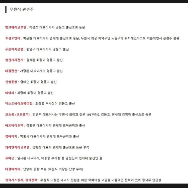 텔레그램서 공유되고 있는 우원식 관련주 모음.