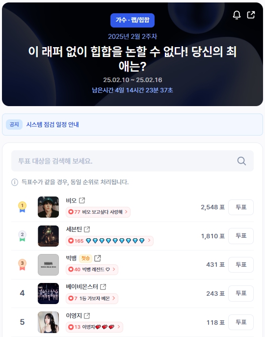 ▲인기투표 순위 (오전 9시 30분 기준) ⓒ디시트렌드