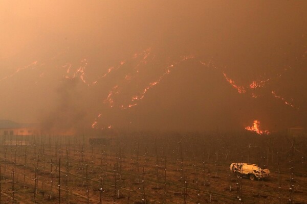 25일 오후 경북 안동시 길안면 일대에 강풍이 불어 산불이 확산하며 낮과 밤이 구분되지 않을 정도로 어두워져 있다. 사진 뉴스1