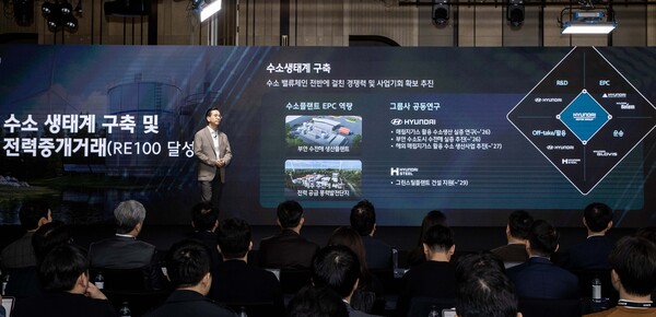 이한우 현대건설 대표가 서울 여의도 페어몬트 호텔에서 열린 '2025 현대건설 CEO 인베스터 데이'에서 에너지 중심의 미래 성장 전략 ‘H-Road’를 발표하고 있다. (사진=현대건설)