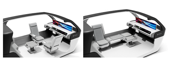 실제 차량 사이즈 모델을 기반으로 랜더링한 모습. 대시보드의 태블릿PC를 이용해 사용자 목적에 맞게 시트와 콘솔을 배치할 수 있다.