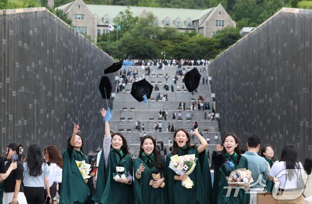 이화여대 2024학년도 후기 학위수여식이 진행된 29일 서울 서대문구 이화여대에서 졸업생들이 학사모를 던지고 있다. 2025.8.29/뉴스1 ⓒ News1 장수영 기자