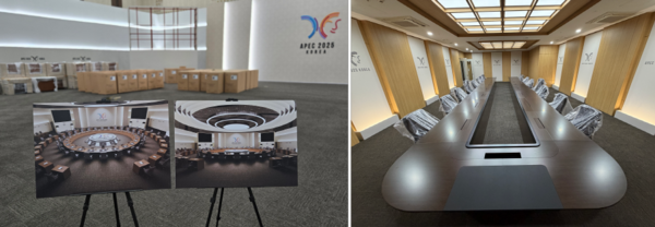  * 2025 APEC 정상 회의장에 설치를 앞두고 현장에 반입된 안동 산불 피해목 가구류와 우리정상 양자회담 테이블에 배치가 완료된 프리미엄 가구. 사진제공=코아스