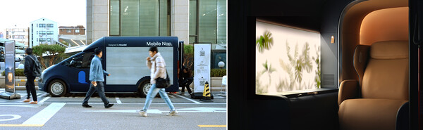 현대차 ‘모바일냅’ 외장(왼족)과 현대차 ‘모바일냅’ 내부 사진 (사진제공=현대건설)